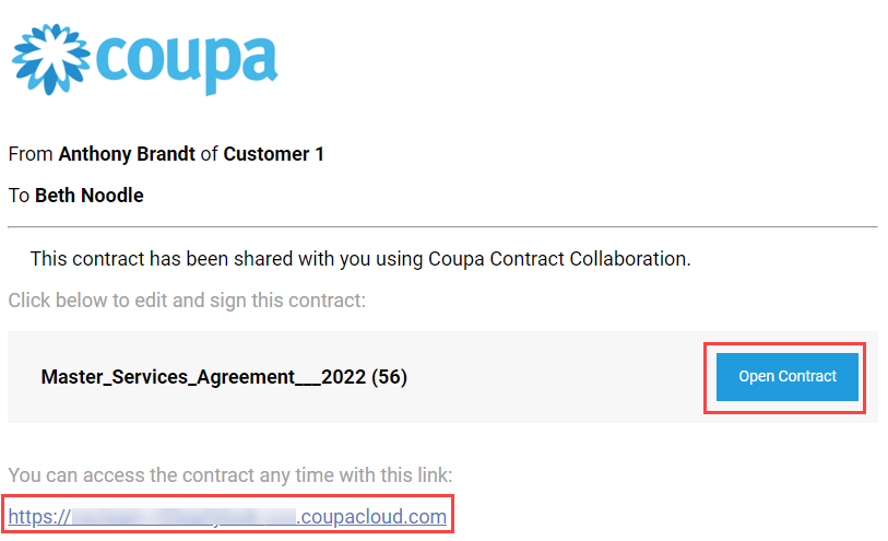 E-mail d'invitation au contrat de Coupa.
