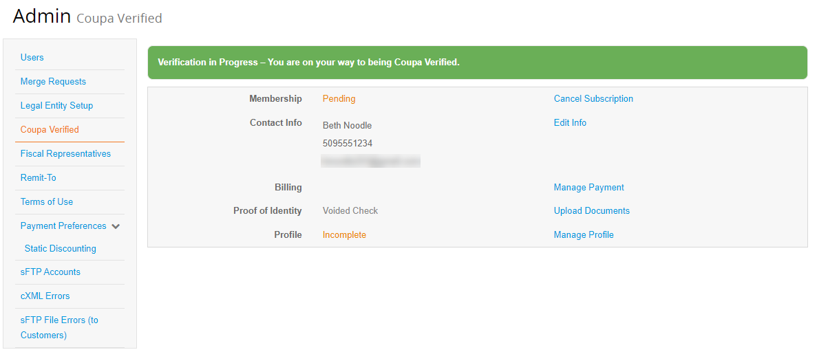 Coupa Verified Admin page with management actions.