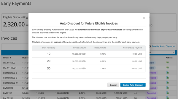 Customer Supplier Portal: Checkbox to offer discounts on approved invoices