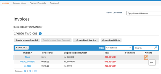 CSP Invoices Table filtered for Credit Note
