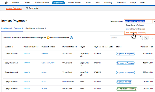 CSP Invoice Payments data table with strategic view across All Customers