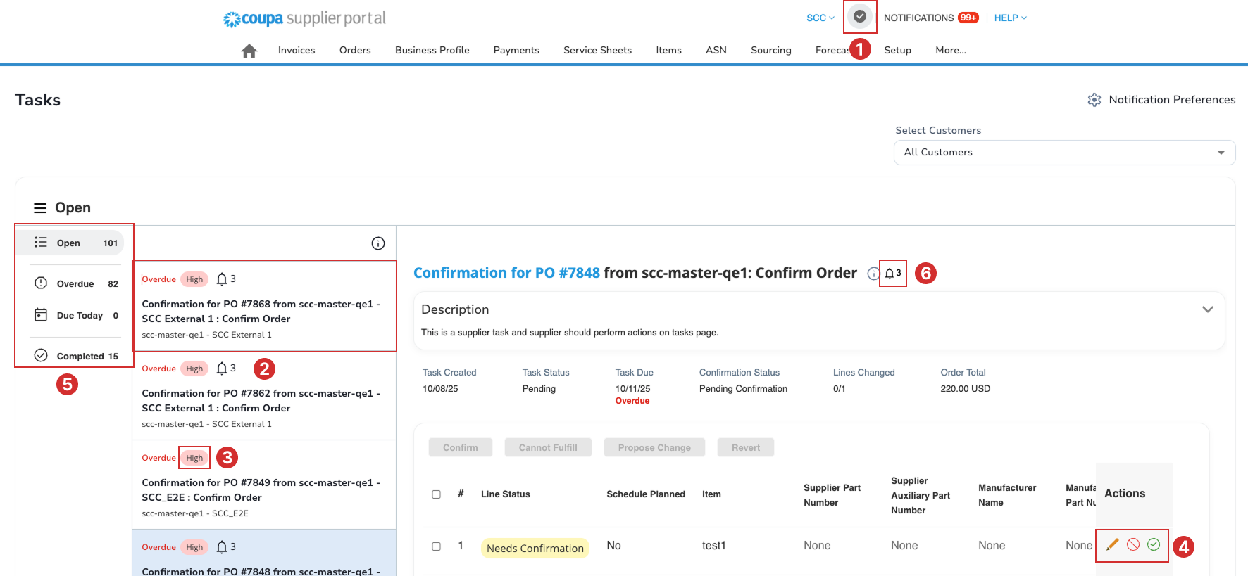 The Workbench within the CSP platform. A number 1 highlights the check icon in the top-right of the window, next to the notifications. Selecting this icon will redirect to the Workbench. Number 2 is highlighting the first task on the dashboard. Number 3 highlights  a specific tag next to the task name. Number 4 highlights the action column next to a line-level PO within the task. Number 5 highlights the Workbench menu on the left of the window. Number 6 highlights a bell icon next to the task title in the center of the window. 