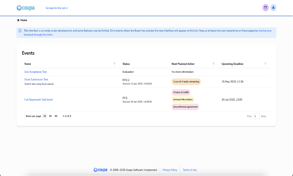 "Home" dashboard displaying a table of sourcing "Events." The list includes columns for event names (such as "Full Regression Test Event"), status (e.g., "RFQ"), next planned actions, and upcoming deadlines.