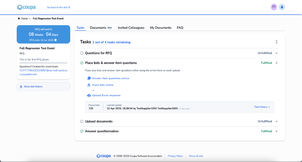 details page with the "Tasks" tab active. A left sidebar displays a countdown timer for the RFQ. The main content area lists actionable items, such as "Place bids & answer item questions," accompanied by status indicators like "Fulfilled" or "Unfulfilled"