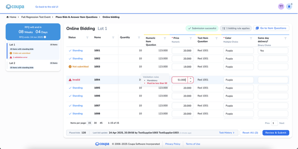n "Online Bidding" interface for "Lot 1" displaying a table of items. A validation error is highlighted on Item 1004; the price field contains "51.000" and is marked "Invalid" with a tooltip warning that the value "Must be less than 50." Other columns show quantity and item questions