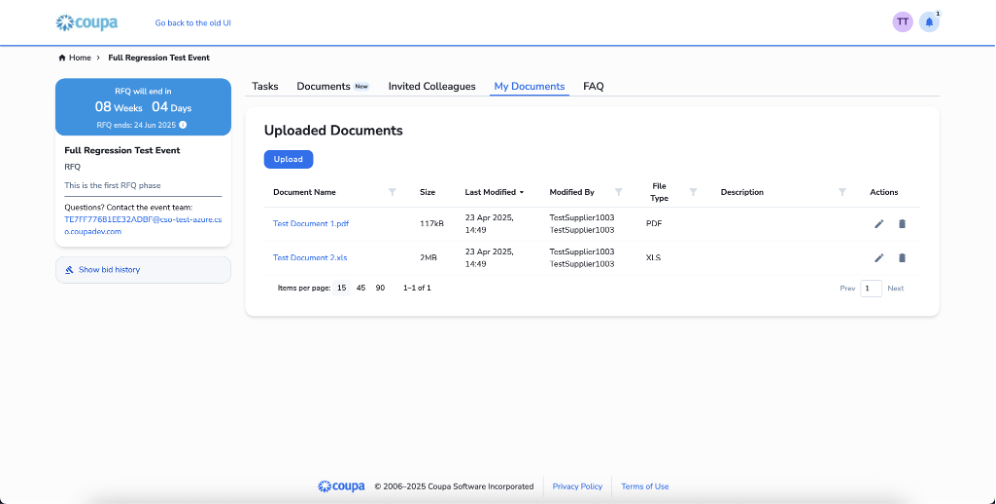 The "My Documents" tab within an event interface. The main section is titled "Uploaded Documents" and features a blue "Upload" button. A list of files follows, displaying "Test Document 1.pdf" and "Test Document 2.xls" alongside their file sizes, modification dates, and edit/delete icons