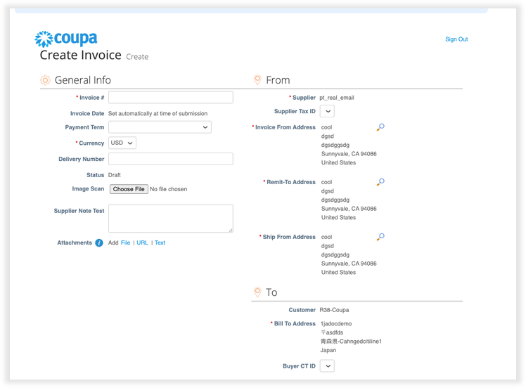 Create Invoice' shows at the top in heavy, black letters with 'Create' next to it in dark-gray letters. Below is a form with open text boxes and configured options for the invoice.