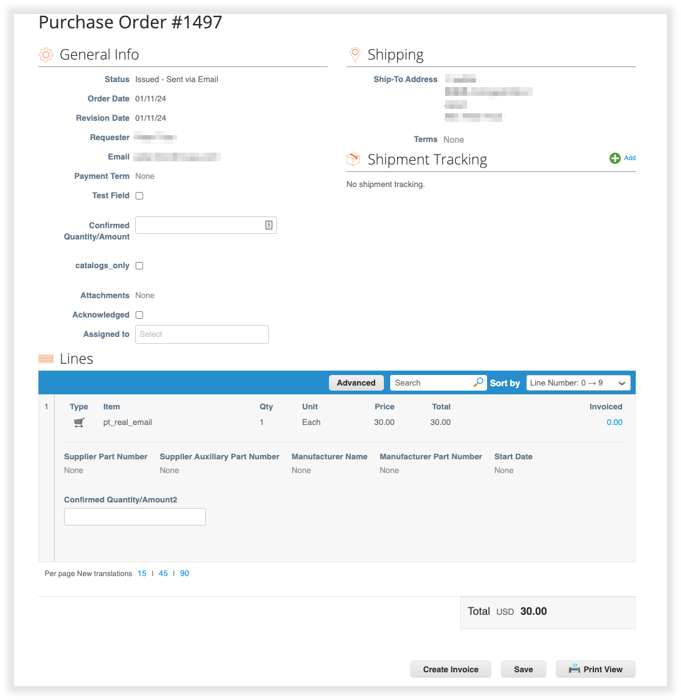 Purchase Order shows at the top in bold, black lettering with the PO number. Below that you see 'Lines' in bold, black letters followed by a thick bright-blue bar and details about the PO.
