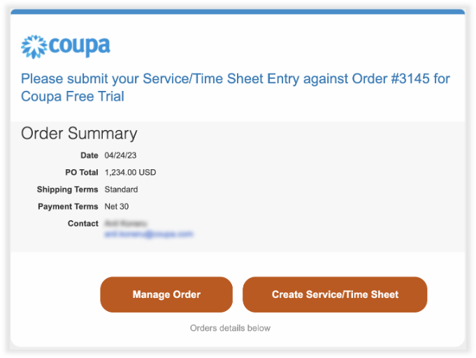 Please submit' shows at the top in bright-blue lettering with a quick description of the purchase order and the PO number. 'Order Summary' shows tall black letters on a light-gray background with the date, PO total, shipping terms, payment terms, and contact details of a person. Below with two large dark-orange buttons side-by-side with 'Manage Order' and 'Create' shown in bold white letters.